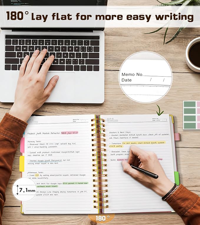 5 Subject Spiral Notebook Journal with Removable Dividers Tabs, 300 Pages Organizer Notebooks for Work School, 8"x10" Hardcover Leather Notebook College Ruled, Large Lined Journal for Women Men,Pink