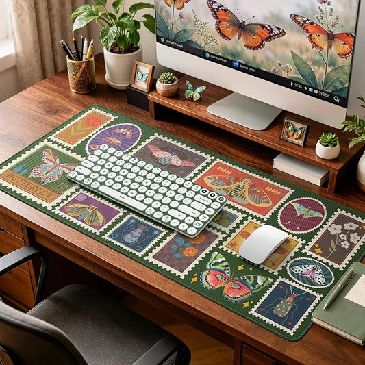 iCasso Vintage Desk Cover Mat, XXL Large Butterfly Mouse Pad,Desk Matt for Desktop Protector, Anti-Slip Mousepad with Stitched Edges for Laptop Computer Keyboard(Olive Green)