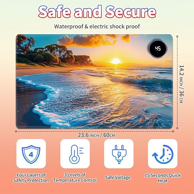 Heated Desk Pad Large Mouse Pad 23.6 x 14.1 inch with 3 Levels Heating & Auto Shut-Off Warm Mouse pad PU Leather Computer Mousepad for Home Office Work - Sunrise Beach