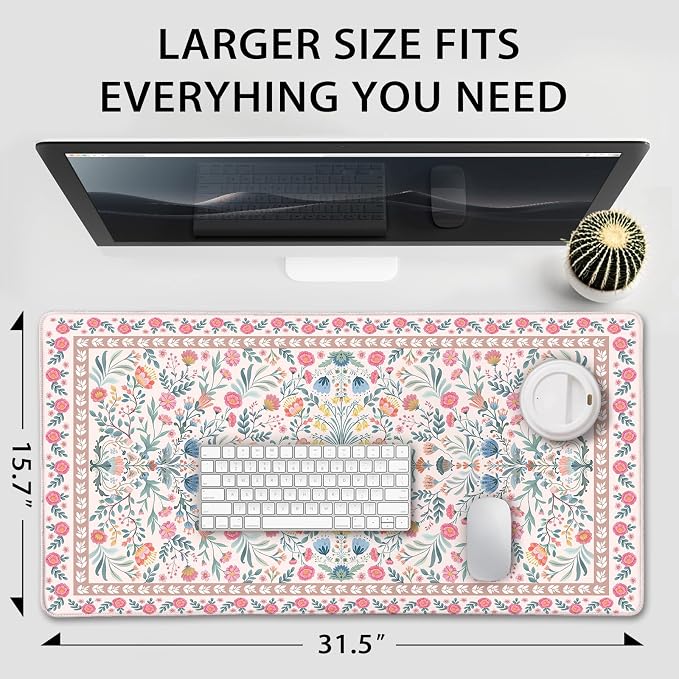 Pink Floral Desk Mat 31.5"x15.7" | Extra Large Mouse Pad, Non-Slip Rubber Base, Waterproof Desk Blotter, Stitched Edges, Smooth Computer Mat Office