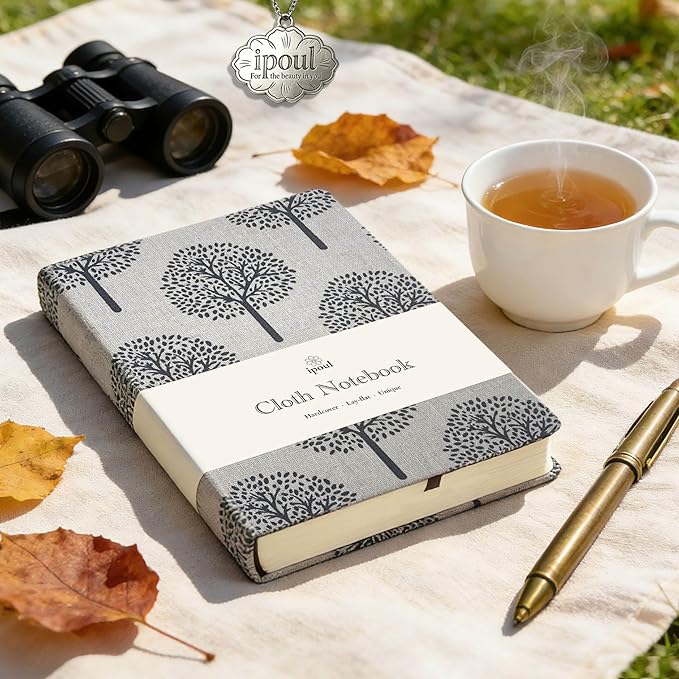 B6 Small Notebooks 5x7, Linen Cloth, Hardcover, Lay Flat, Ruled & Blank 264 Pages Thick Sketchbook, Black Tree Beige Fabric, Wear-resistant Writing Journal