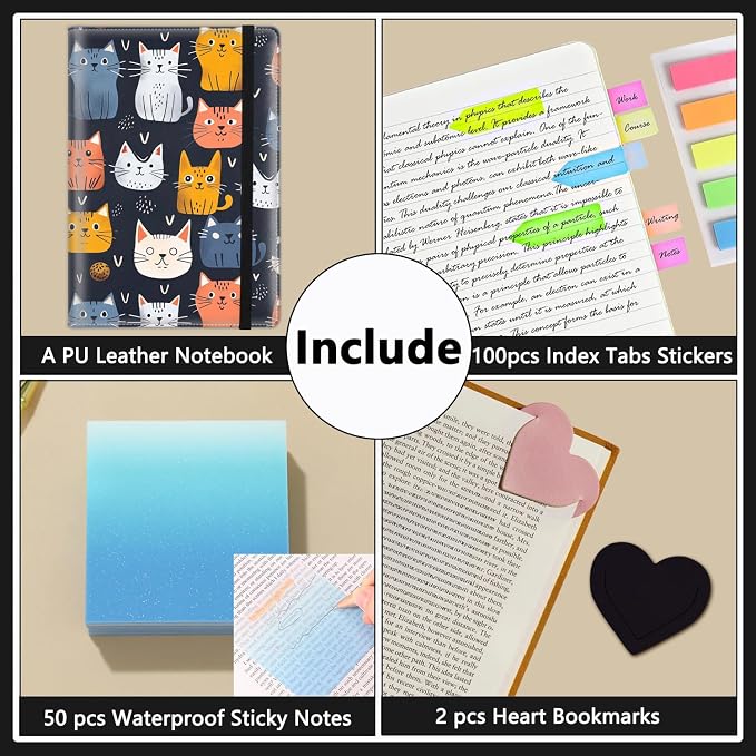 A5 Leather Lined Journal Notebook, 200 Pages Hardcover Executive Notebook for Men Women Office School Note Taking, Thick Writing Paper Daily Journal with Bookmarks/Indexes,Cat Family