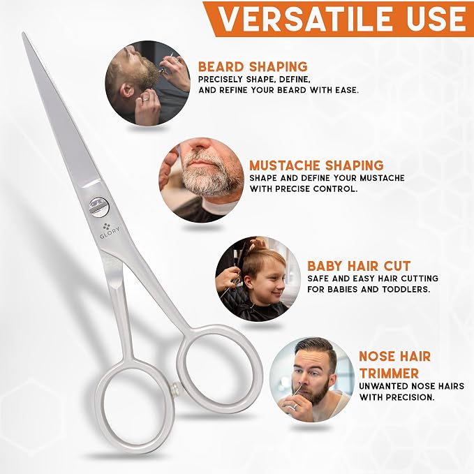 GLORY 5 Inch Professional Beard and Mustache Scissors, Premium Stainless Steel Facial Hair Trimming Scissors - Sharp Serrated Edge Grooming Shears for Men, Precision Mustache & Beard Trimming Scissor