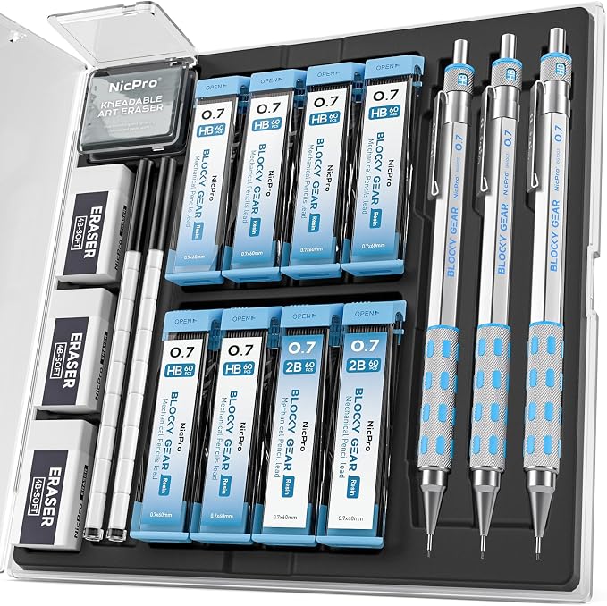 Nicpro Blocky Gear Mechanical Pencils 0.7 mm with Case, 3 Pack | Drafting Pencil with 8 Tube (480PCS) Lead Refills(HB 2B), 4 Erasers, 18 Eraser Refills for Art Writing, Sketching Drawing