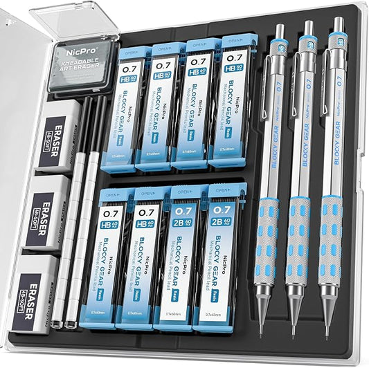 Nicpro Blocky Gear Mechanical Pencils 0.7 mm with Case, 3 Pack | Drafting Pencil with 8 Tube (480PCS) Lead Refills(HB 2B), 4 Erasers, 18 Eraser Refills for Art Writing, Sketching Drawing