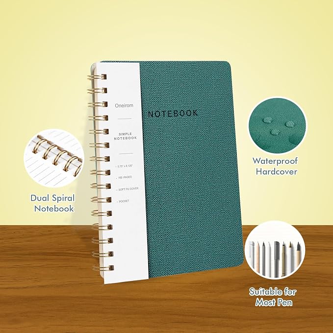 Spiral Notebook-5.75" x 8.125" College Ruled Journal with Inner Pockets and 160 Pages,PU Leather Cover Business Journal, Twin-Wire Binding Notebook Perfect for Office & Home School Supplies 6 pack Reefblue/Green