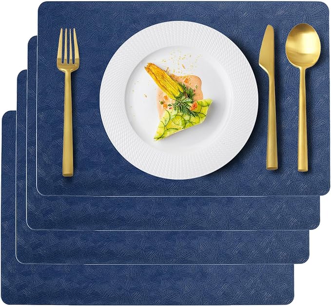 Blue Plastic Placemats Set of 4, Faux Leather Waterproof Table Mats | Blue Vinyl placemats,Wipeable and heat resistant table mats.Easy to clean,great for indoor and outdoor