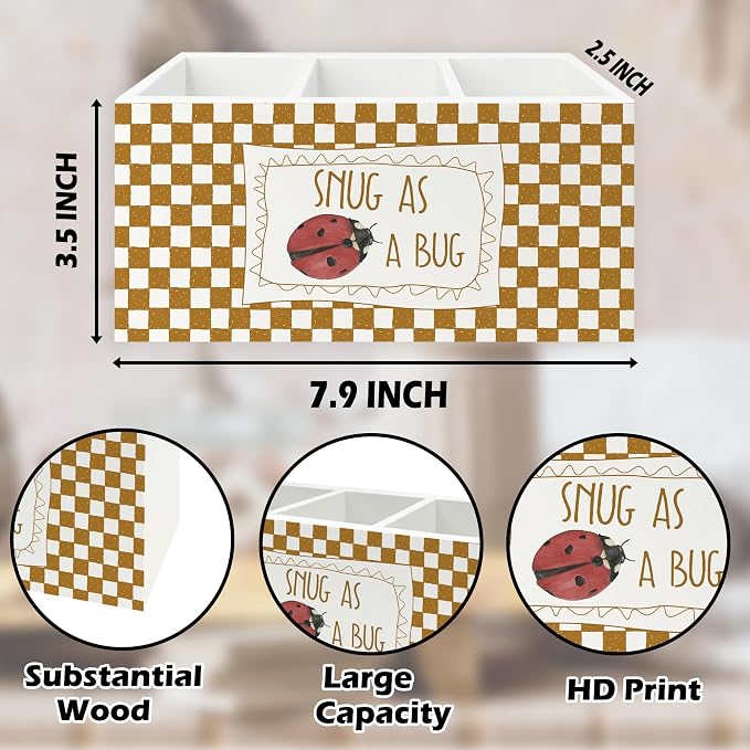 Ladybug Decor Pen Pencil Holder Organizer for Desk, Snug as a Bug Insect Orange Checkered Wooden Box Signs Decorations for Kids Boys Girls Room Bedroom Classroom Desk Tabletop, Ladybug Gifts