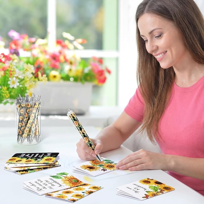Pasimy 48 Pcs Sunflower Notebooks and Pen Set, Sunflower Mini Notepad Sunflower Party Ballpoint Pen Vintage Gift Favor for Office Home Summer Birthday Party Gift Supplies Decor