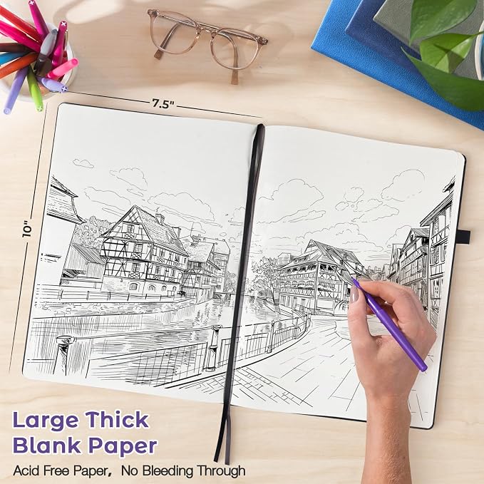 Blank Notebook, Hardcover Sketch Book, 8.5" x 11" Large Blank Journal, No Bleed Thick Paper Sketchbook for Drawing, Unlined Notebook Journal for Women Men, A4 Leather Sketchbook, Lay Flat, Purple