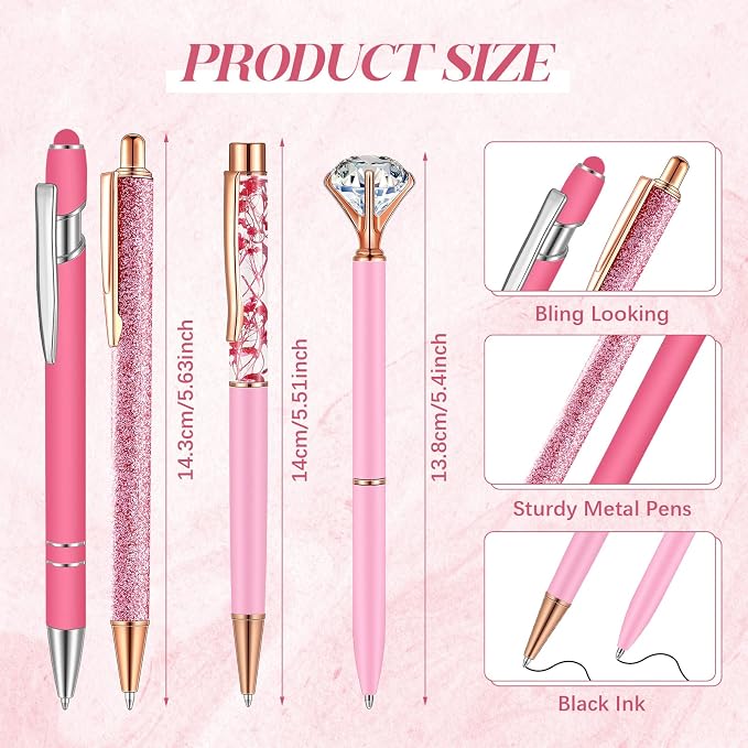 Sabary 8 Pcs Pink Pens with Pen Holder for Desk Glitter Crystal Diamond Cute Ballpoint Fancy Pencil Holder Bling Desk Organizer for Women Girls School Office Supplies Wedding Graduation Gifts