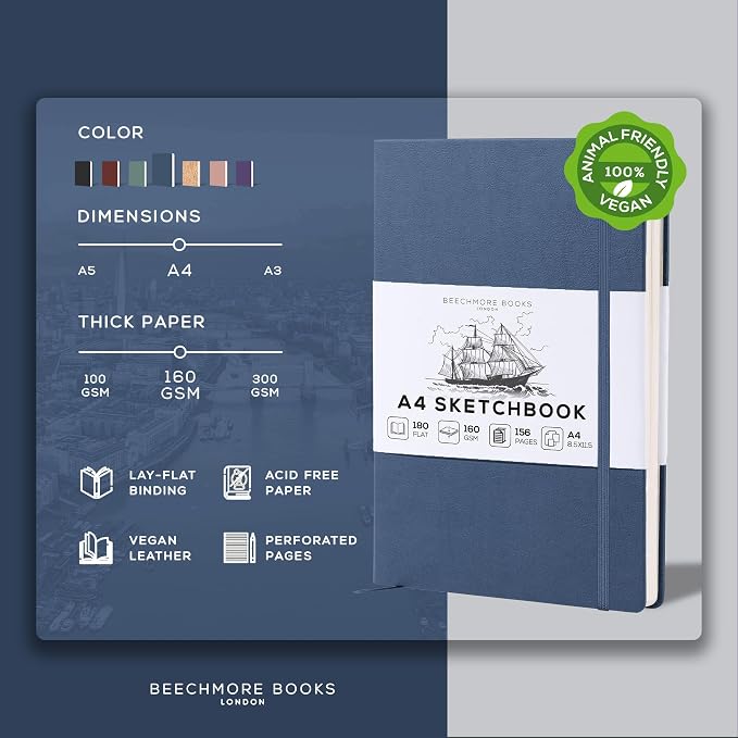 Beechmore Books A4 Mixed Media Sketchbook - 8.5"x11" Hardcover Lay-Flat Art Journal, 160 GSM / 98 lb Professional Ivory Paper, 156 Perforated Pages, Gift Box, Ink, Drawing and Light Watercolor