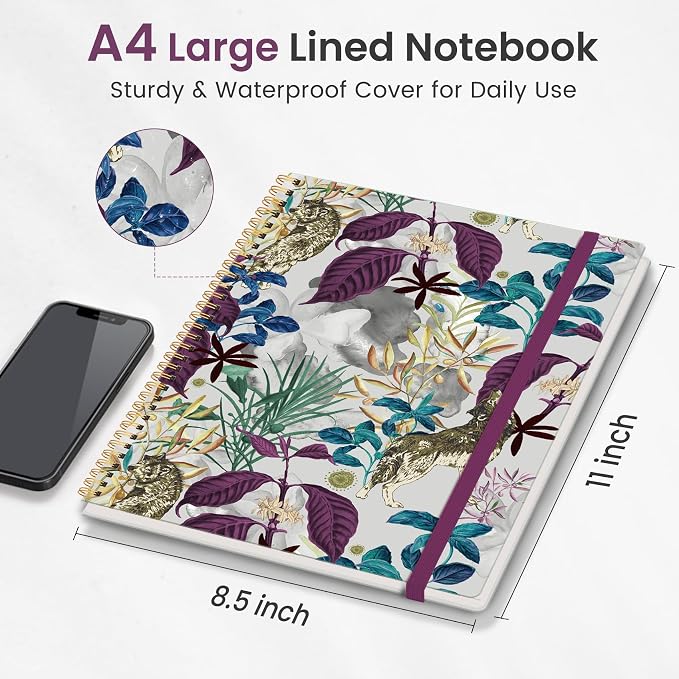 Taja Large Spiral Lined Journal for Women, 8.5" x 11" Notebooks for Work Collge Ruled, A4 Aesthetic Cute Journaling Notebooks for Writing, Plastic Cover, Jungle