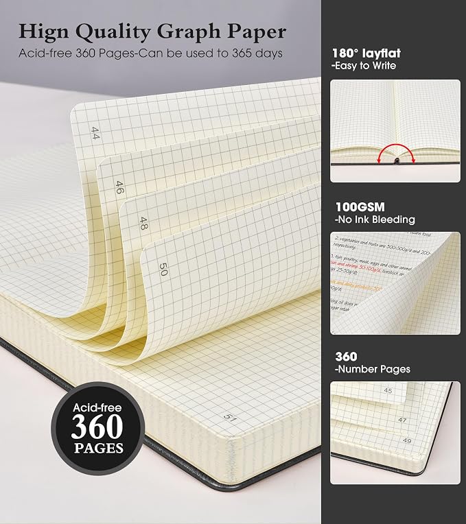 Ansopu Graph Paper Notebook Journal, 360 Numbered Pages Grid Notebooks, Thick 100gsm Graphing Paper Notebook Journals for Women Men, B5 Large Hardcover Leather Graph Notebook 7.6'' X 10'' Black