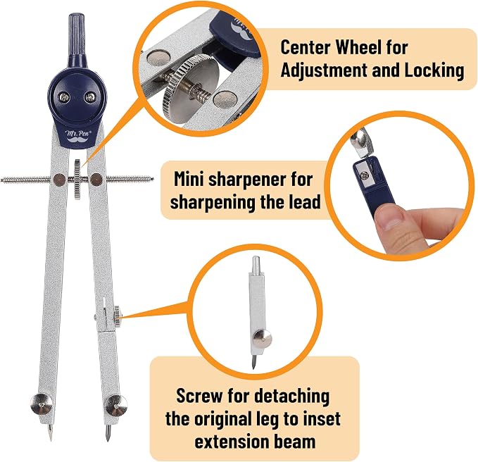 Mr. Pen- Professional Geometry Set, 7 pcs | Metal Compasses with Center Wheel & Extension Leg, Precision Drafting Kit with Storage Box for Geometry, Technical Drawing