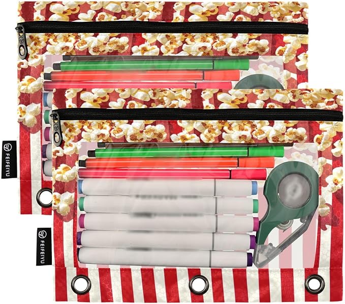 Popcorn Stripes Pencil Pouch Fits standard 3-ring binders, Zipper Binder Pencil Bag with Clear Window for Office 2 Pack