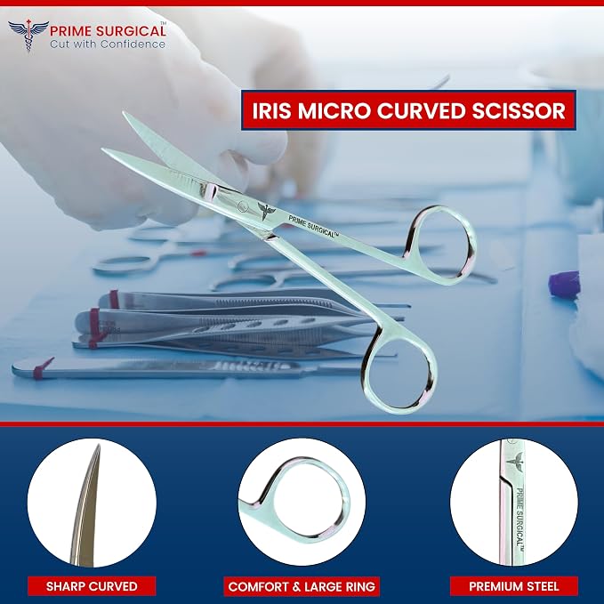 Iris Micro Dissecting Scissors 4.5” Curved (CVD) – Fine Point Surgical Scissors for Skin Tag, Gum, Suture & Eye Procedures – Medical Dental Tool for Doctors, Nurses, Students & Training (1pc)