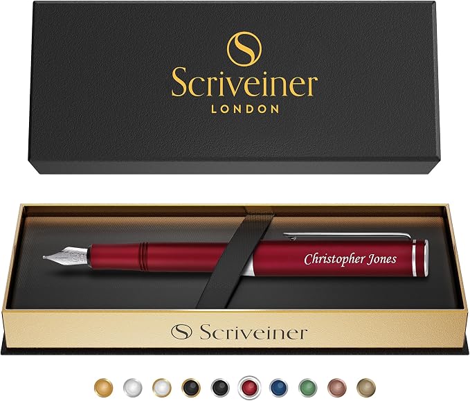 Scriveiner Personalized Luxury EDC Fountain Pen (Medium), Stunning Matt Red Pocket Pen, Chrome Finish, Schmidt German Nib, Best Engraved Fountain Pen Gift Set for Men & Women, Name Engraving