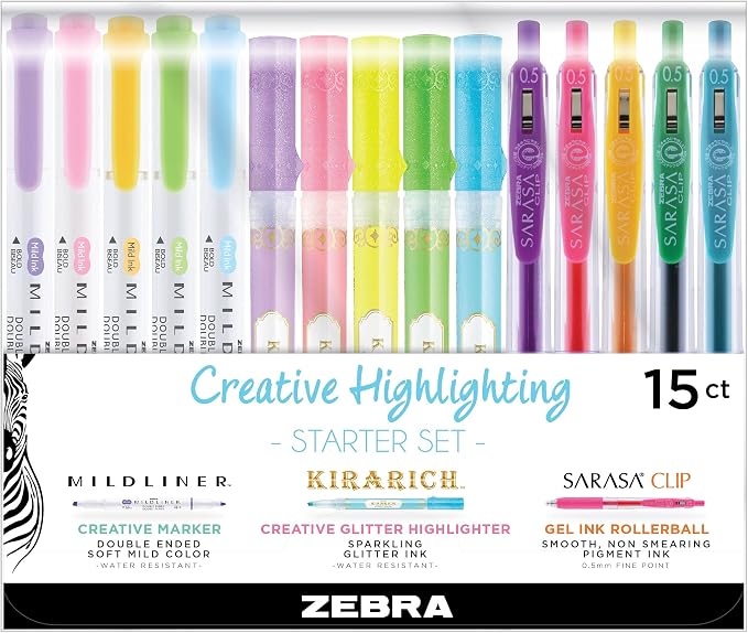 Zebra Pen Creative Starter Set 15-Pack, Includes 5 Kirarich Highlighters, 5 Mildliner Creative Markers, and 5 Sarasa Clip Retractable Gel Pens, Assorted Ink Colors, Ideal For Journaling (76015)