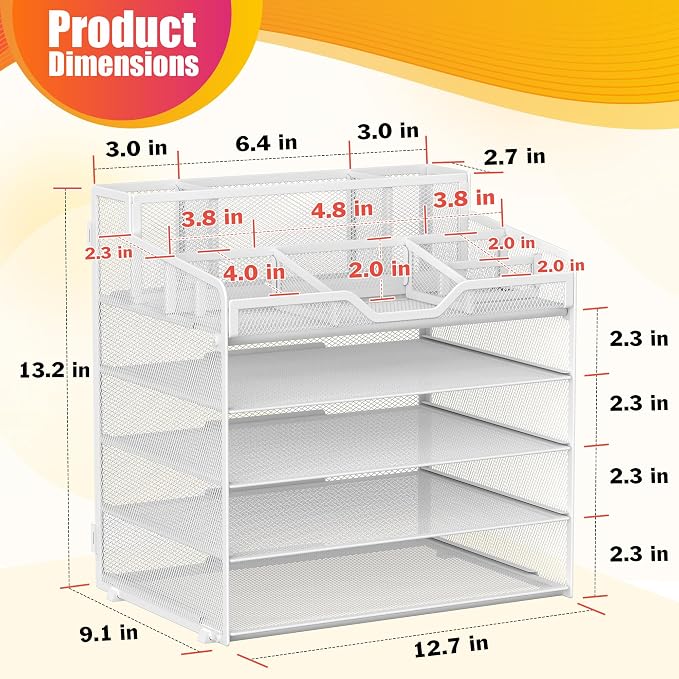 Docnest 5 Tier Mesh Desk Organizer with Letter Tray & Paper Sorter, White | Features 3 built-in pen holders & 5 adjustable compartments on top. Includes 4 non-slip rubber feet for desk protection