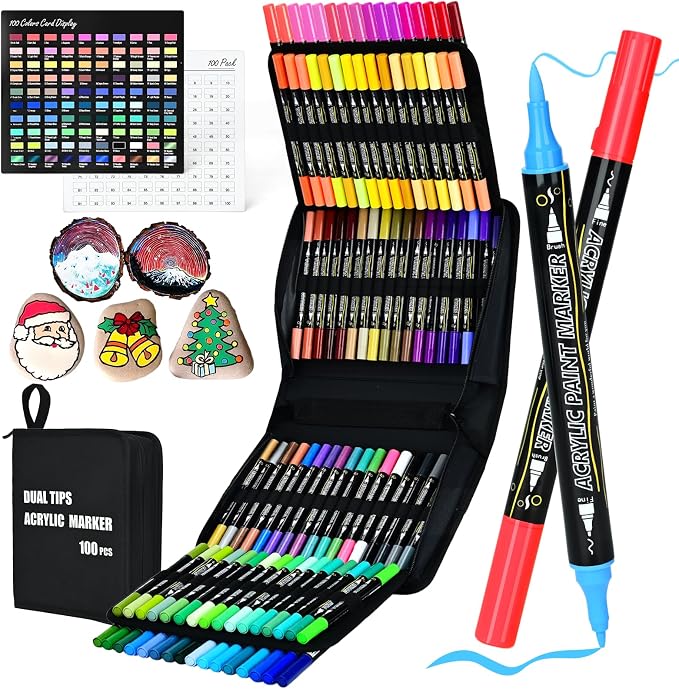 100-Pack Acrylic Paint Pens, Dual Tip with Brush & Fine, Carrying Case | 88 regular +12 metallic color, Ideal for rock, canvas, wood, fabric, Black Paper, Photo Album, Card Making, DIY Crafts