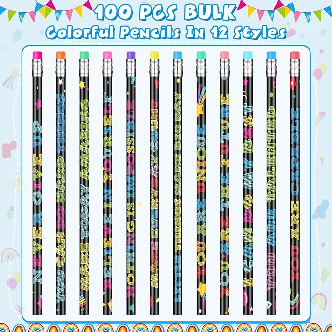 100 Pcs Motivational Pencils Bulk, Fun Inspirational School Pencils for Classroom, Cute Wood Pencils with Encourage Positive Sayings, Back to School Supplies for Kids Student Teacher Classroom Reward