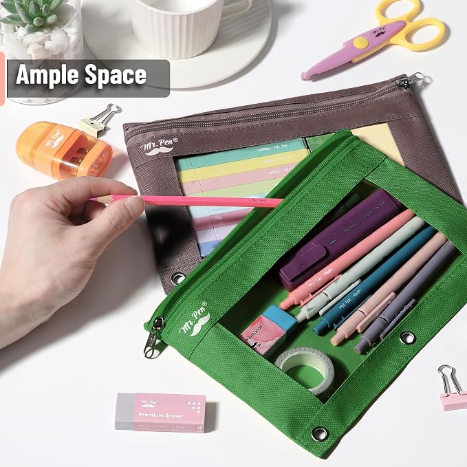 Mr. Pen- Pencil Pouch for 3 Ring Binder, 2 Pack, 10"x6.75", Smooth Zipper | Clear Window, Large Capacity Pencil Case with 3 Reinforced Grommets for School, Office, Supplies Storage | Clear Window, Large Capacity Pencil Case with 3 Reinforced Grommets f...