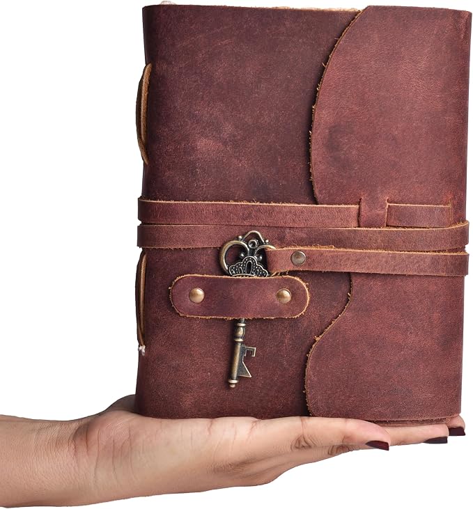 LEATHER VILLAGE Vintage Leather Journal – 200 Handmade Vintage Deckle Edge Paper – Leather bound Journal For Women Men – Vintage Key Closure - Book of Shadows - Red Brown - 10X7 inches