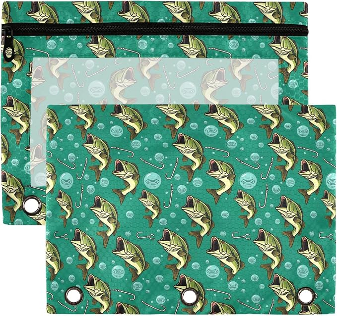 Deep Sea Fish Binder Pouches 3 Ring for Boys Girls School Office College Supplies Ocean Theme Fishman Pencil Pouches Case Bag with Clear Window and Zipper 2 Pack