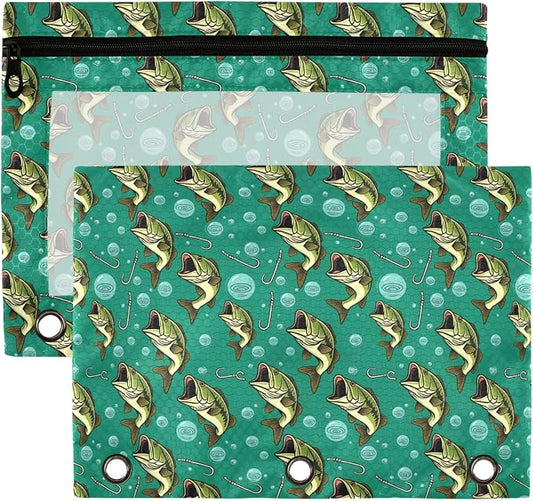 Deep Sea Fish Binder Pouches 3 Ring for Boys Girls School Office College Supplies Ocean Theme Fishman Pencil Pouches Case Bag with Clear Window and Zipper 2 Pack