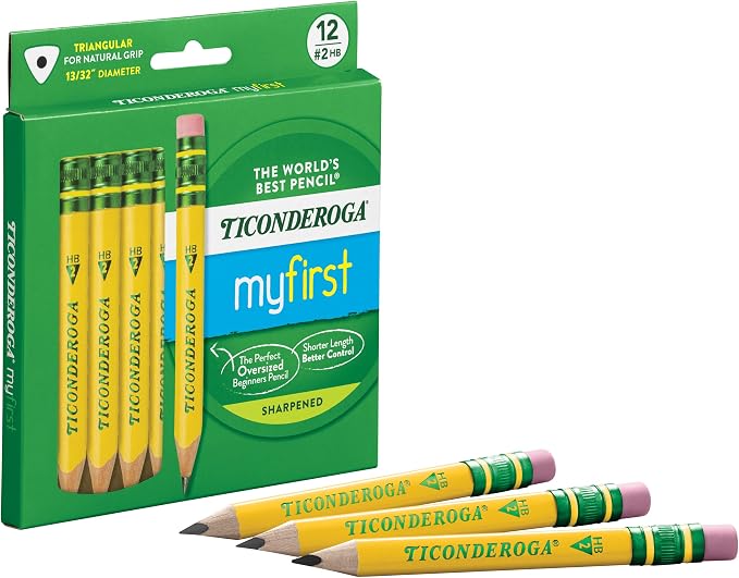 Ticonderoga My First Half-Size Wooden Pencils, 12 Pencils/Pack, 1 Pack | Large Triangle-Barrel Pre-Sharpened #2 (HB) Short 4.5" Yellow Pencils with Erasers, X33012