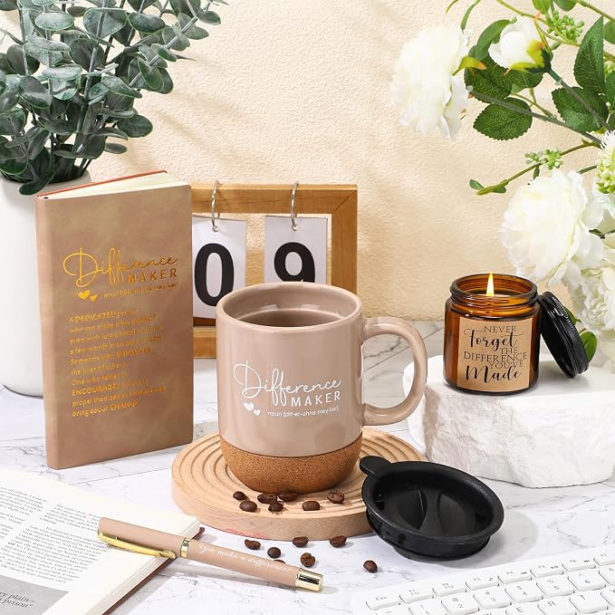 Vesici 4 Pcs Difference Maker Gift Set Mug Notebook Candle Pen,Brown,Word