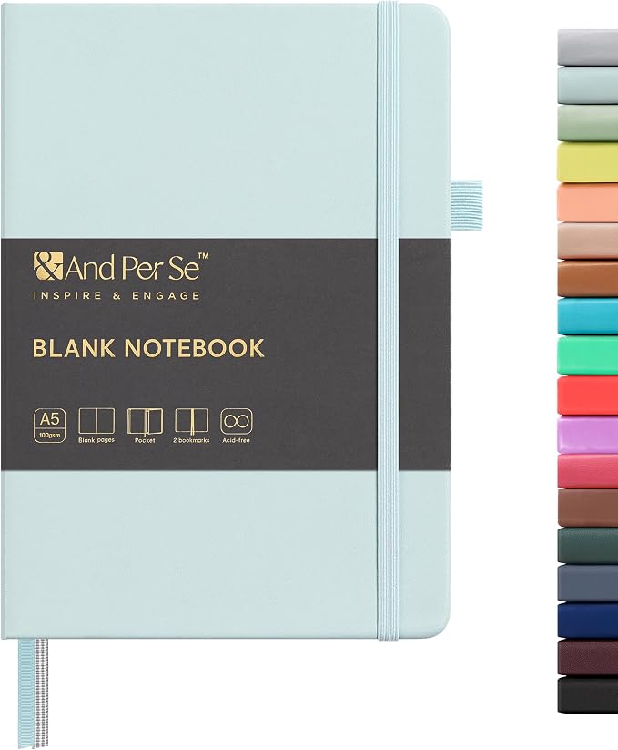 &And Per Se Blank Sketch Notebook, A5 Hardcover, 160 Pages 100gsm Thick Paper, Unlined Journal for Drawing, Doodling, Hand Lettering – Creative Gift for Artists, Designers, Writers (Cyan)