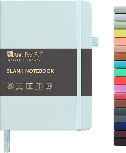 &And Per Se Blank Sketch Notebook, A5 Hardcover, 160 Pages 100gsm Thick Paper, Unlined Journal for Drawing, Doodling, Hand Lettering – Creative Gift for Artists, Designers, Writers (Cyan)