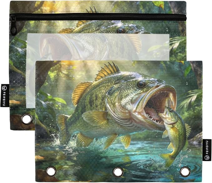 Largemouth Bass Fish Pencil Pouches for 3 Ring Binder, Zipper Binder Pencil Case, 2 Pack Clear Window Case Bag for Office Organizers