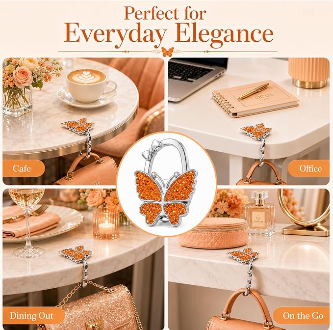 Purse Hook for Table, Foldable Handbag Hanger for Women, Portable Bag Holder with Non-Slip Base, Cute Sequin Orange Butterfly Purse Table Hook for Restaurant Office Travel Gift