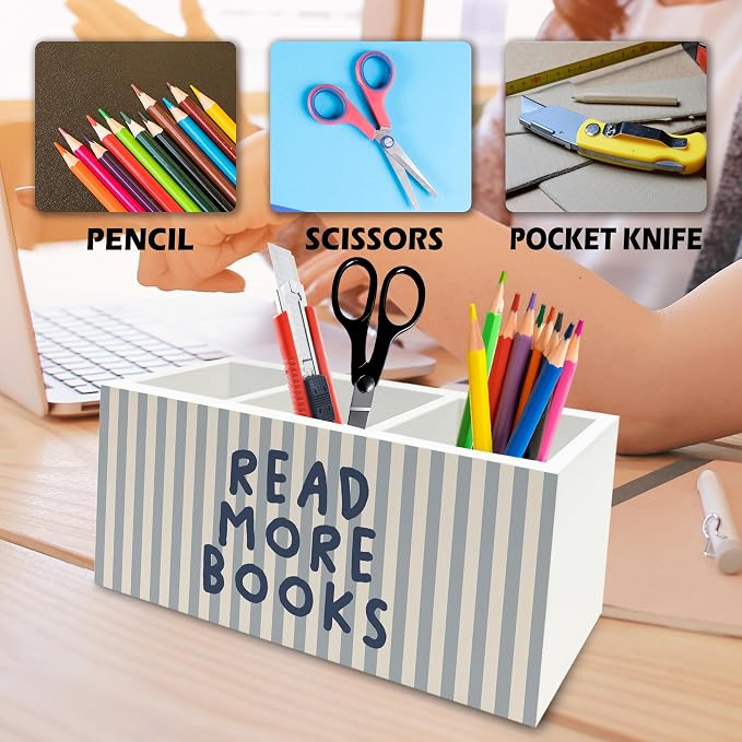 Reading Room Decor Pen Pencil Holder Organizer for Desk,Read More Books Blue Striped Wooden Box Signs Decorations for Reading Room Classroom Library Desk Tabletop, Book Lover Reader Gifts