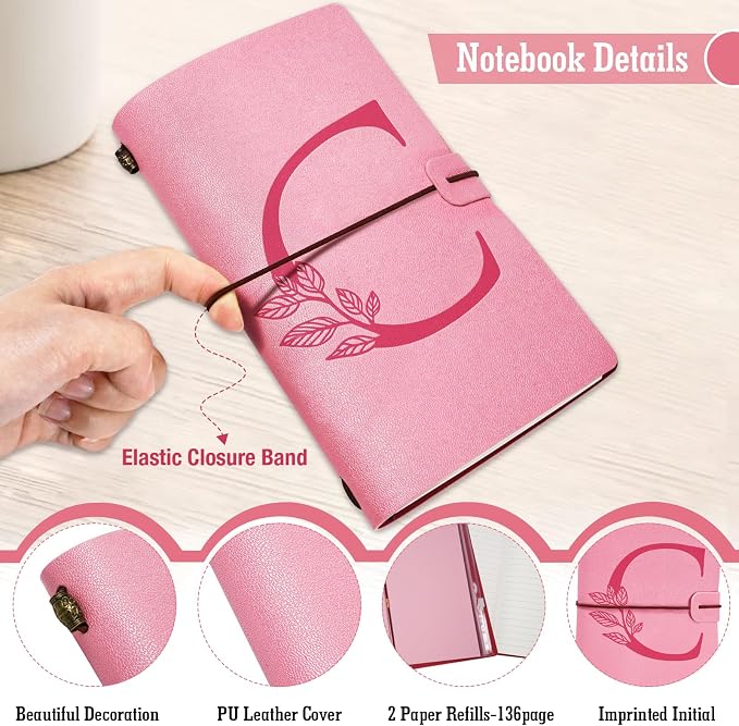 Personalized Journal Gift-Pink Initial Leather Journal+Heart Diamond Pen Set,Travel Notebook Diary Gifts,Refillable Notepads,Christmas,Birthday Gifts for Women Girls (7.9"x4.7") (C)