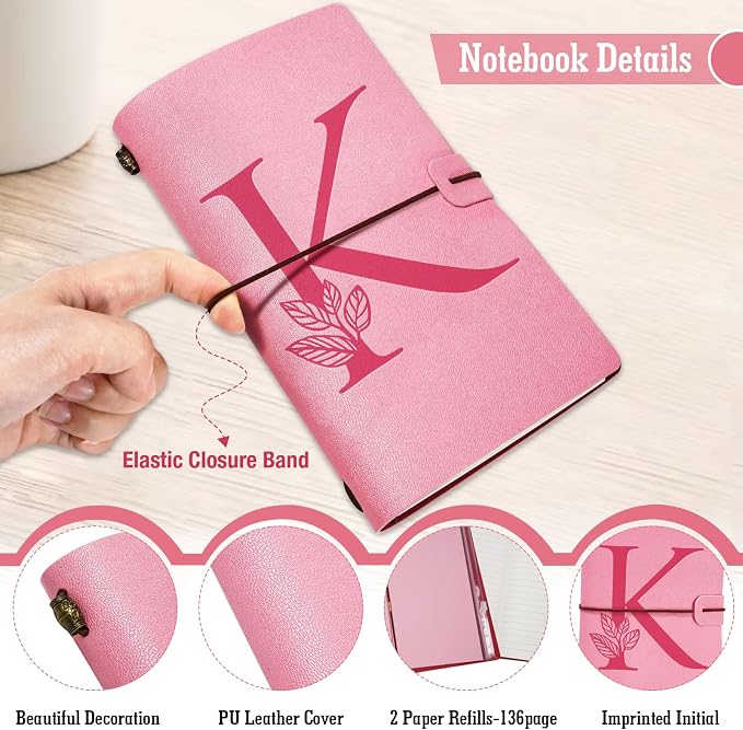 Personalized Journal Gift-Pink Initial Leather Journal+Heart Diamond Pen Set,Travel Notebook Diary Gifts,Refillable Notepads,Christmas,Birthday Gifts for Women Girls (7.9"x4.7") (K)