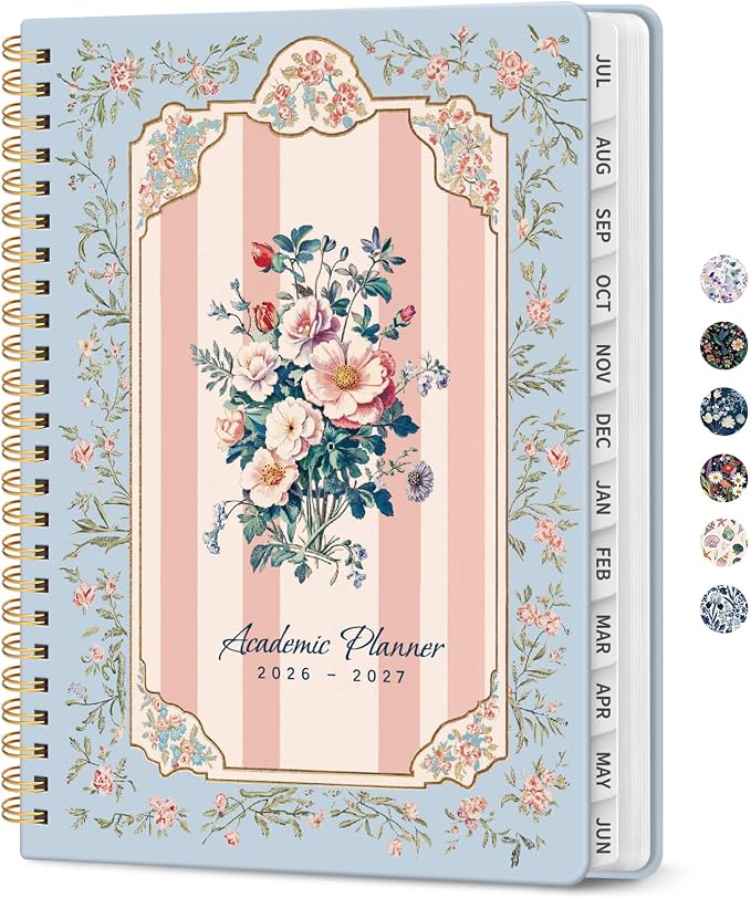 Planner 2026-2027, Academic Year Monthly and Weekly Calendar Planner, Jul 2026 - Jun 2027, Hardcover Teacher Student Planning Agenda book with Tabs, Perfect for School Office Supplies, 6.3" x 8.5" - Parisian Bouquet