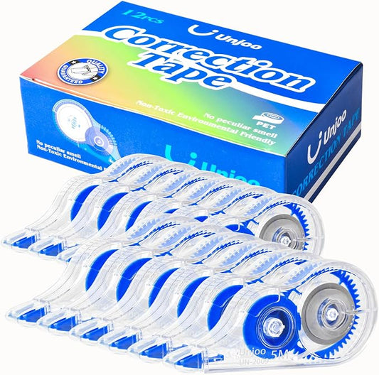 Unjoo White Correction Tape, For school, Office, 12pack, 5M/196"x0.2",Blue | Easy To Use Applicator for Instant Corrections Wrong Writing At Any Time, Tear-Resistant Correction tape Bulk