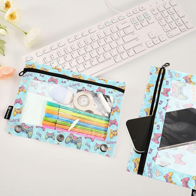 Mahjong Gambling Binder Pouches 3 Ring for Boys Girls School Office College Supplies Green White Doodle Pattern Pencil Pouches Case Bag with Clear Window and Zipper 2 Pack