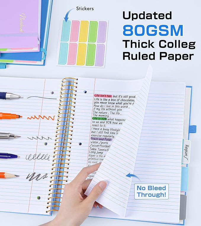 5 Subject Notebook College Ruled,80GSM Paper Thick Hardcover Spiral Notebook Lined Journal with Removable Dividers Tabs,400pages 8.5"x11" Paper Large Notebooks for School Work,3-Hole Punched, Blue