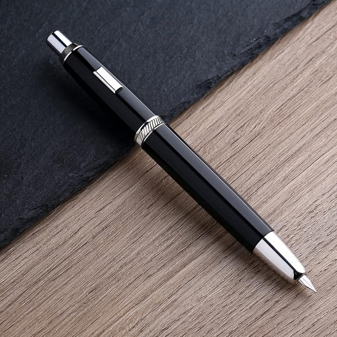 erofa Majohn A1 Press Fountain Pen with Box, Retractable Extra Fine Nib Metal Vivid Black Ink Pen with Converter for Writing (No Clip Version)