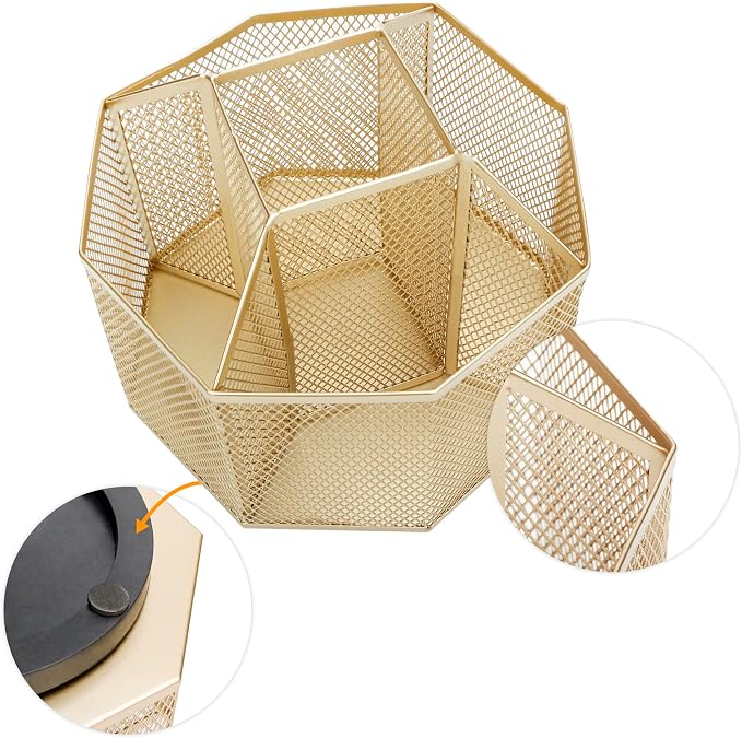 Annova Mesh Desk Organizer Rotate with 5 Compartments Spinning Tidy Candy/Pen Holder Office, Art Supply, Storage, Classroom, Home (Gold)
