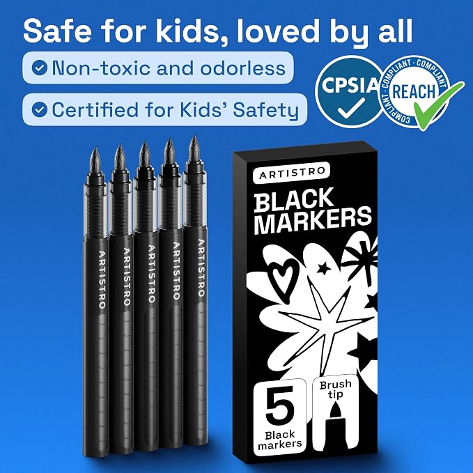 ARTISTRO Black Paint Pens - Brush Tips - Set of 5 | Acrylic Paint Markers, Water-Based, Automatic Ink Control System, For Rock, Glass, Ceramic, Wood, Tire, Fabric, Metal, Canvas