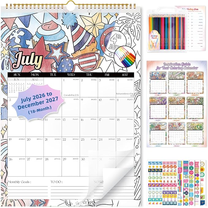 Ospelelf Wall Calendar 2026-2027, 12'' x 17'' Coloring Calendar with Plastic Cover, 18 Months Calendar for Girls, Kids and Family, Use Jan 2026 - June 2027, Season