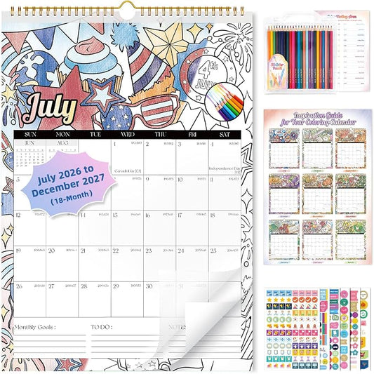 Ospelelf Wall Calendar 2026-2027, 12'' x 17'' Coloring Calendar with Plastic Cover, 18 Months Calendar for Girls, Kids and Family, Use Jan 2026 - June 2027, Season