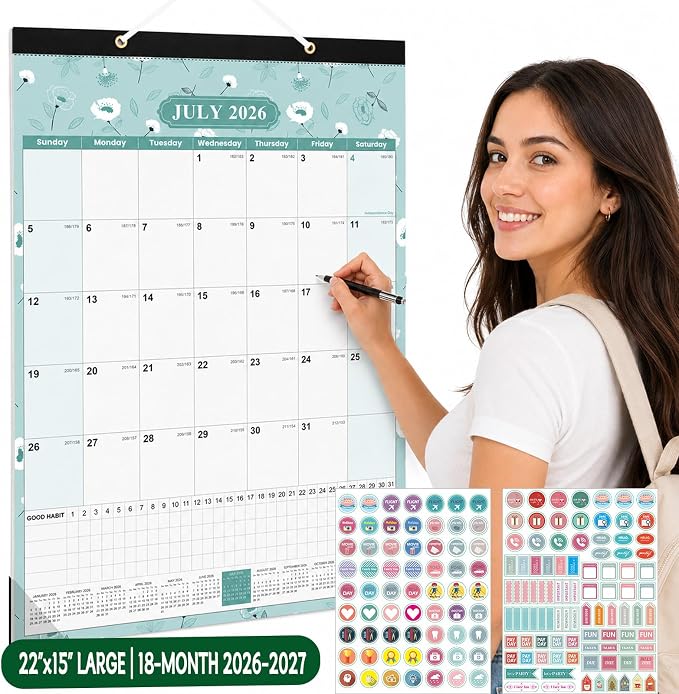 Large Wall Calendar 2026-2027, 18-Month Wall Calendar from July 2026 to December 2027, 15" x 22" 2026 Wall Calendar with Spacious Blocks, Julian Dates, Habit Tracker & Full-Year Reference for Home Office School Floral