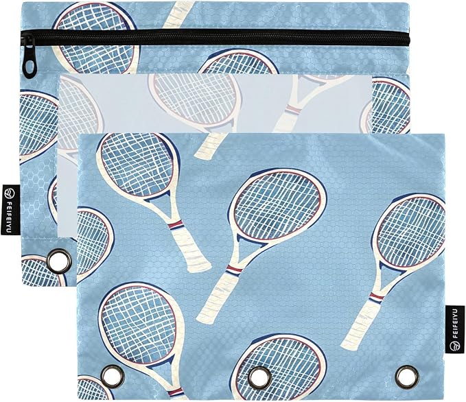 ALAZA Tennis Racket Blue Pencil Pouch for 3 Ring Binder 2 Pack Zipper Binder Pencil Bag Case with Clear Window Office Supplies